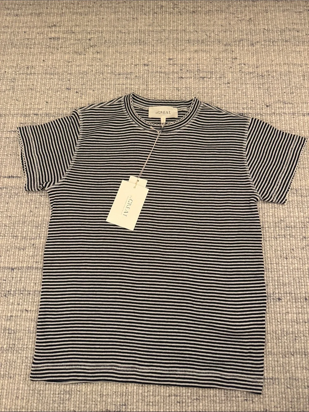 THE GREAT. Black & White Narrow Stripe Crew Tee - Picture 1 of 4